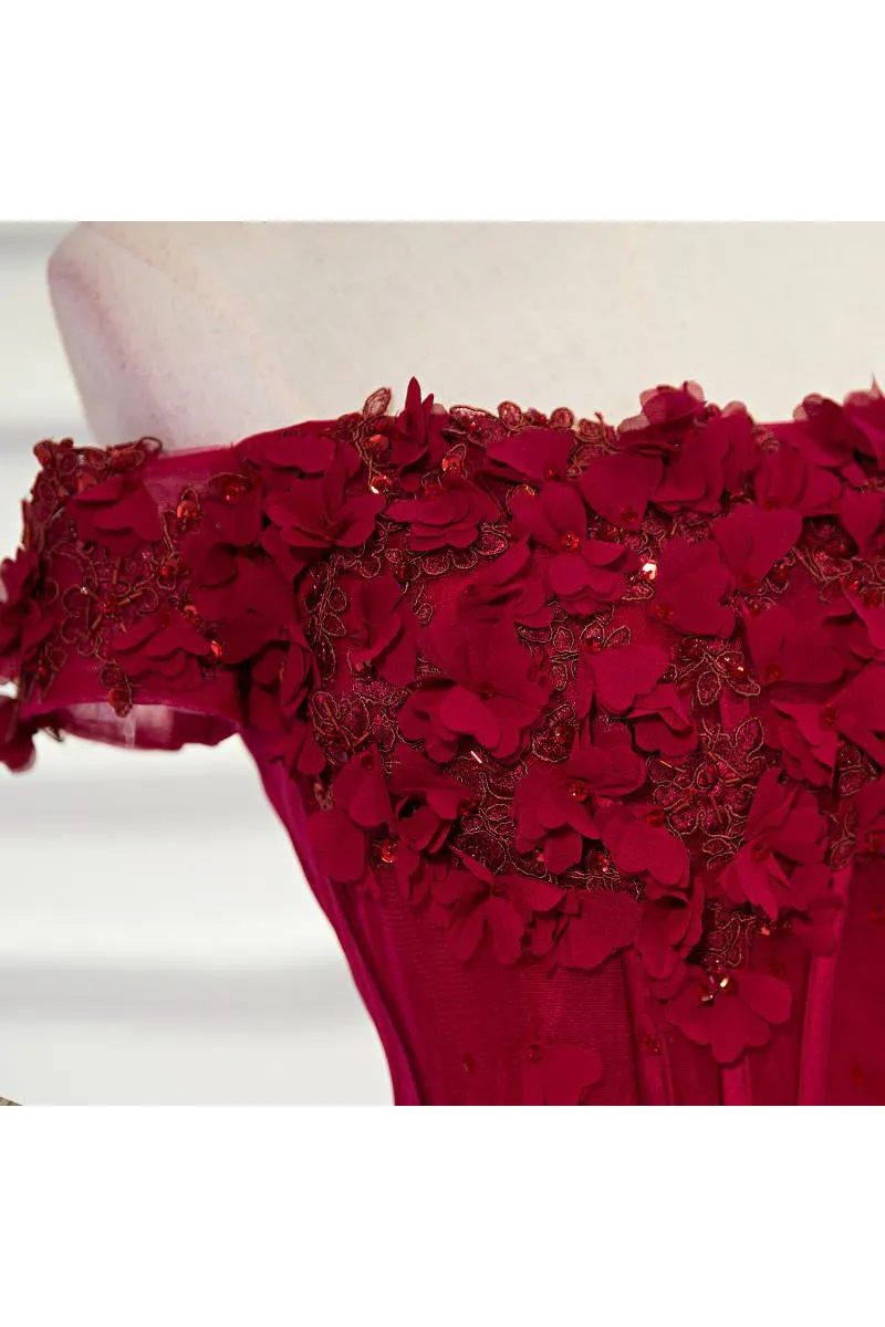 A Line Off The Shoulder Floor Length Short Sleeves Hand-Made Flower Long Burgundy Prom Dress/Evening Dress OHC127