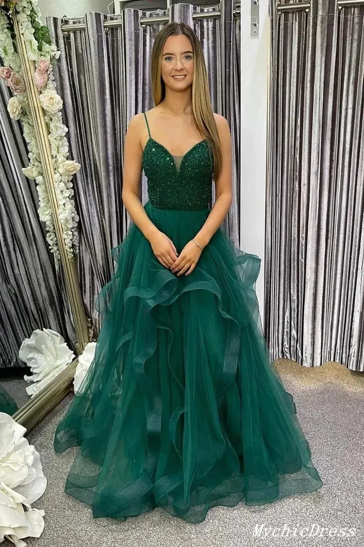 A Line Purple Tiered Prom Dresses Sequin V Neck Tulle Evening Dress UK