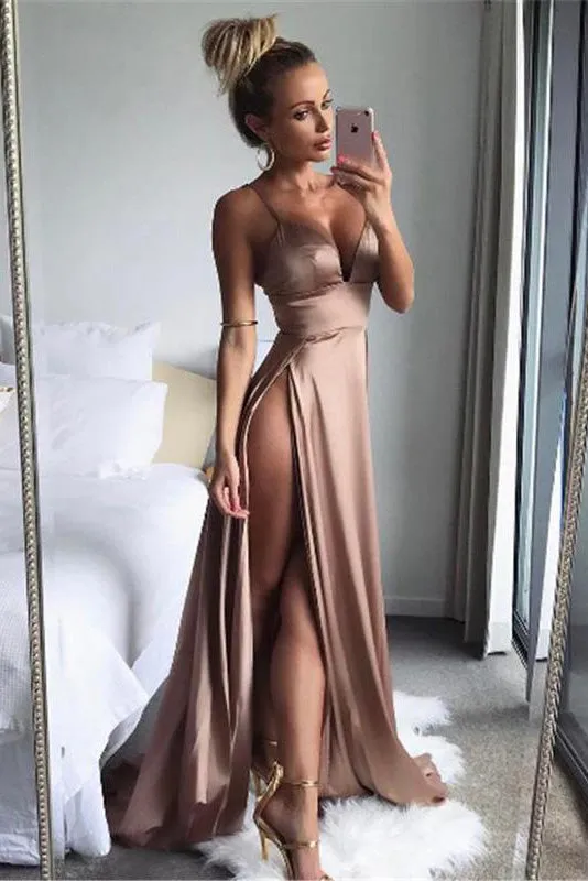 A Line Spaghetti Straps Sexy Slit Prom Dress. Cheap Long Evening Dress OKJ26
