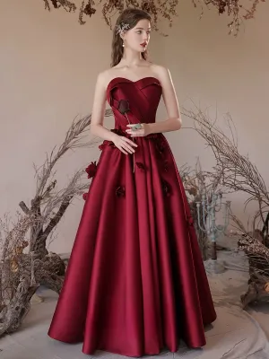 A-Line Sweetheart Neck Satin Burgundy Long Prom Dress, Burgundy Long Formal Dress