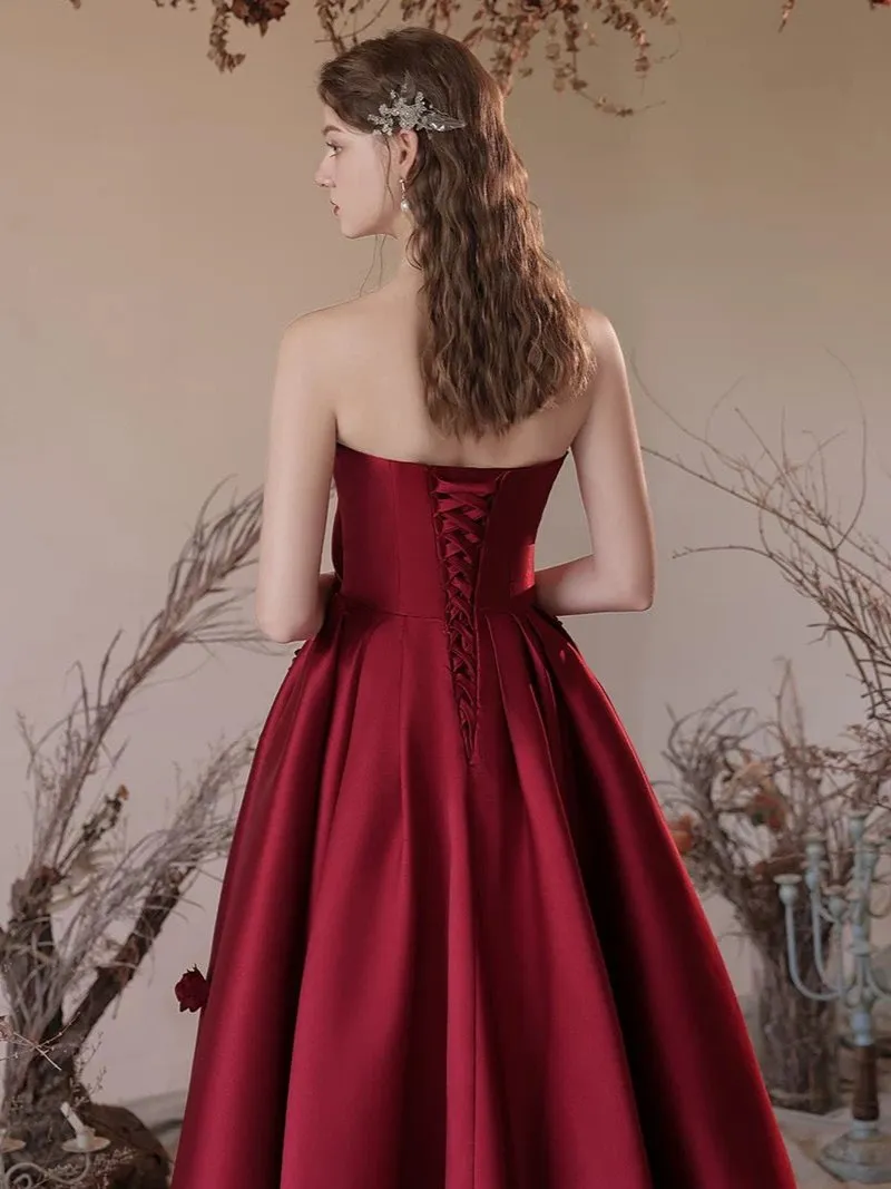 A-Line Sweetheart Neck Satin Burgundy Long Prom Dress, Burgundy Long Formal Dress