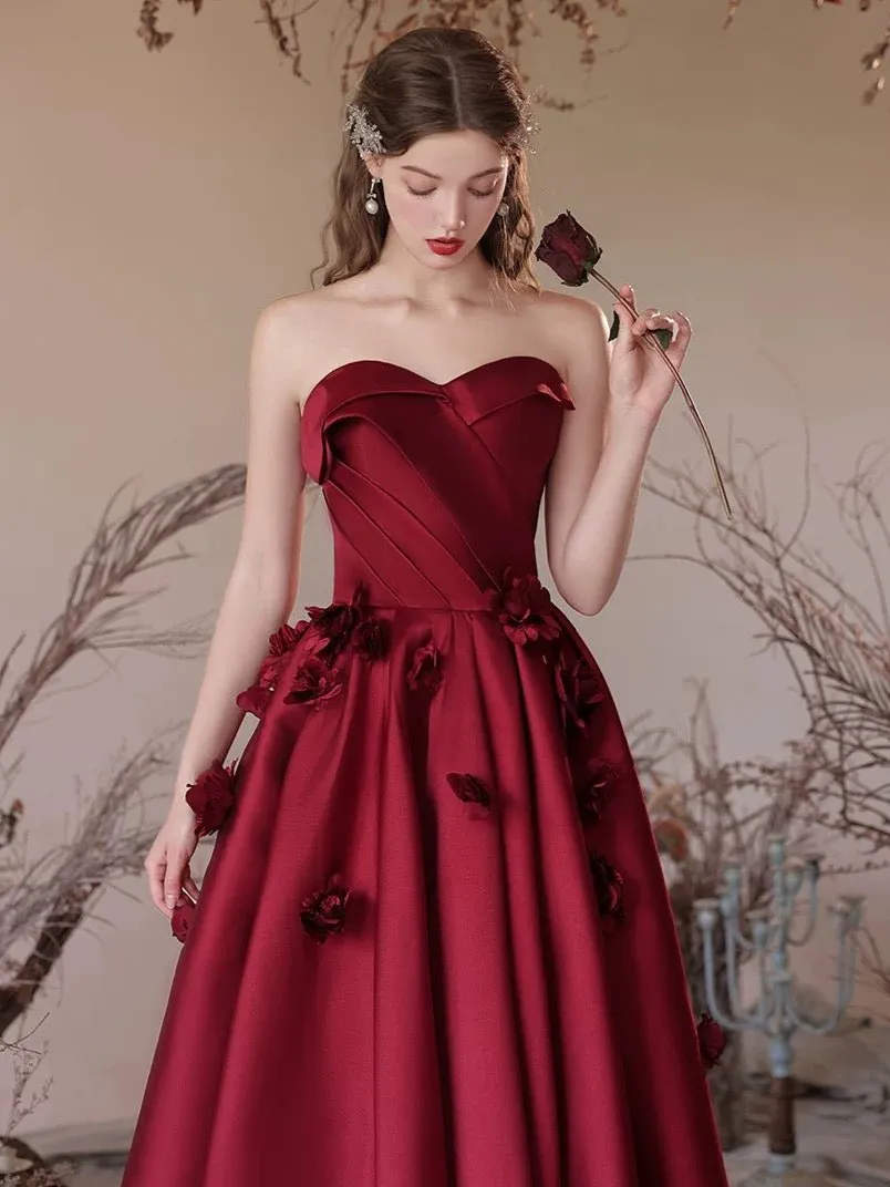 A-Line Sweetheart Neck Satin Burgundy Long Prom Dress, Burgundy Long Formal Dress