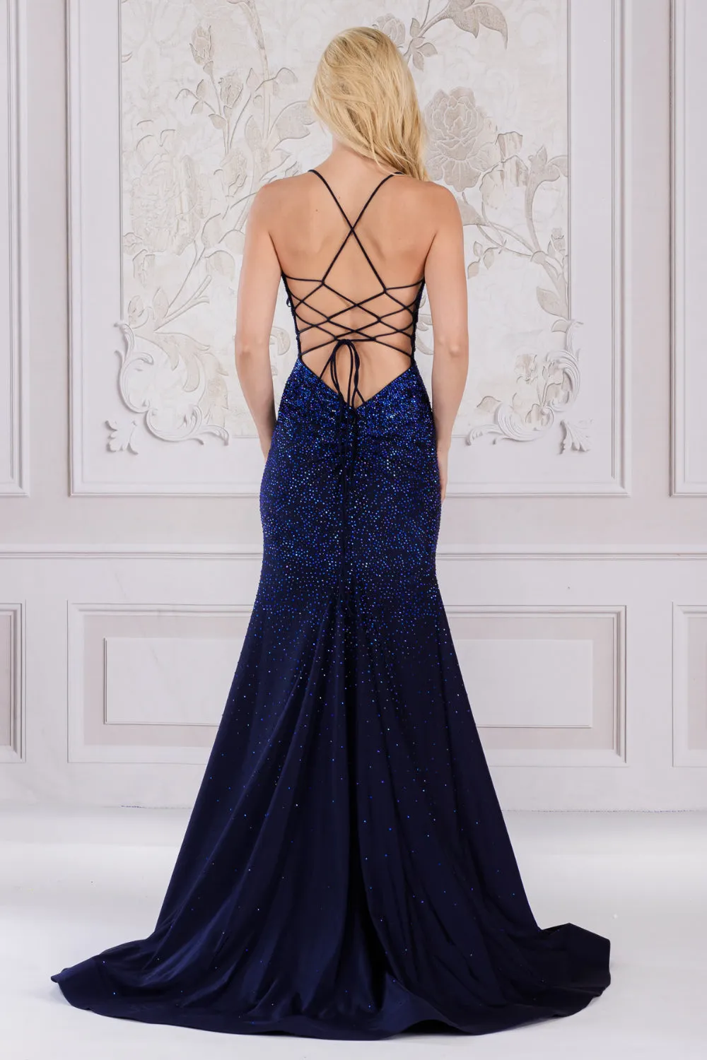 AC 3018 - Rhinestone Embellished Fit & Flare Prom Gown with V-Neck & Open Lace Up Corset Back