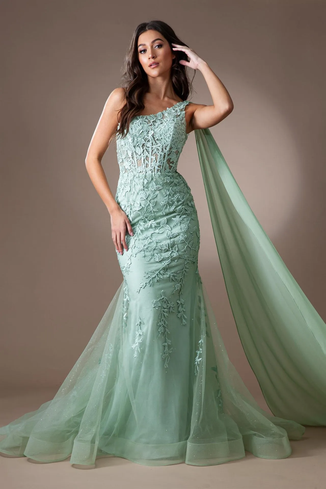 AC 7048 - One Shoulder Beaded Lace Embellished Fit & Flare Prom Gown with Sheer Boned Corset Bodice & Shoulder Sash