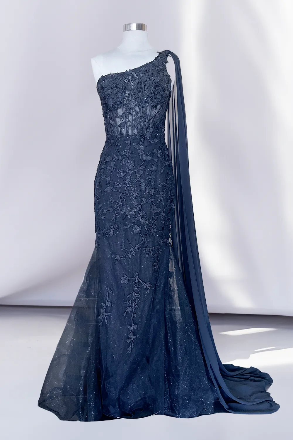 AC 7048 - One Shoulder Beaded Lace Embellished Fit & Flare Prom Gown with Sheer Boned Corset Bodice & Shoulder Sash