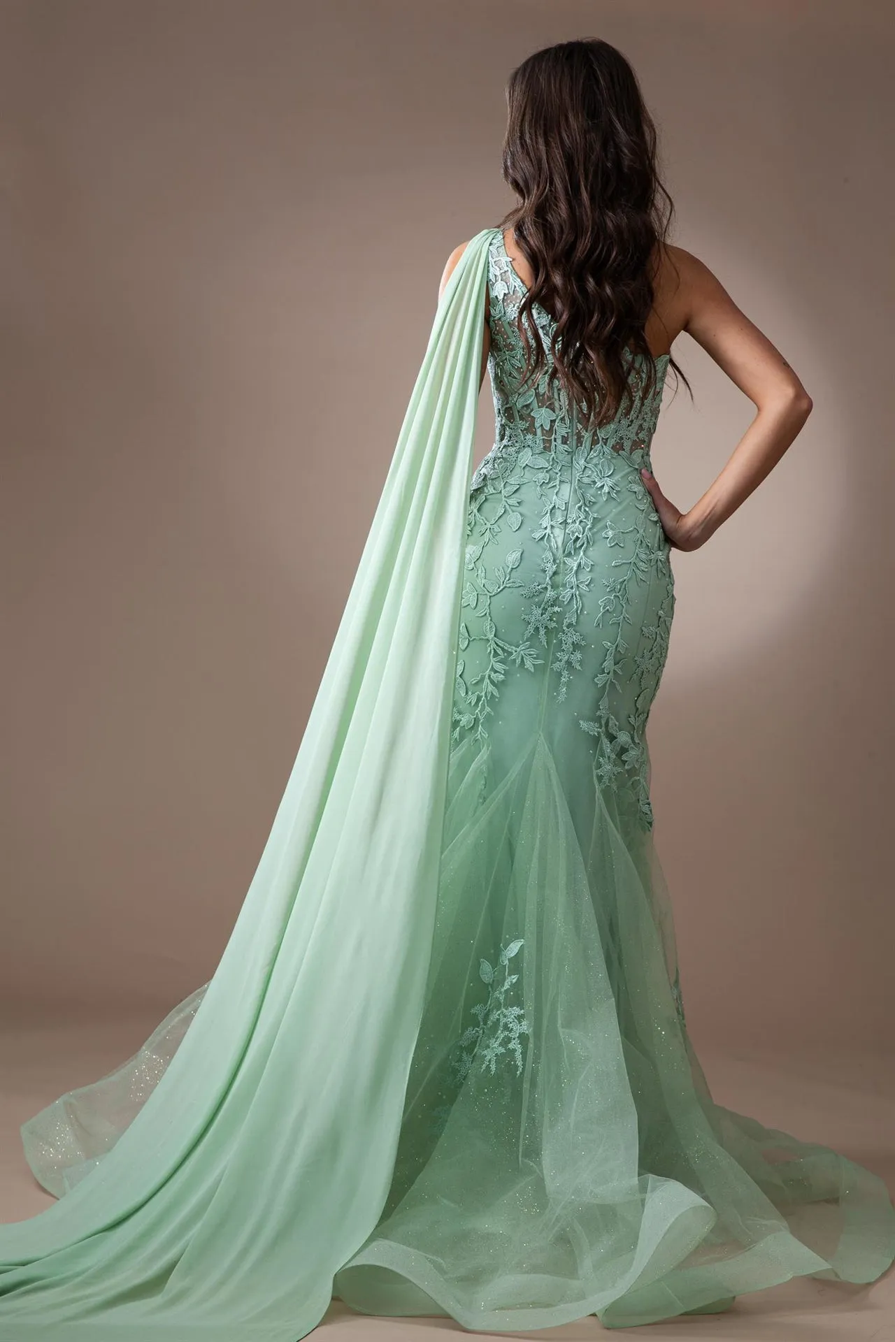 AC 7048 - One Shoulder Beaded Lace Embellished Fit & Flare Prom Gown with Sheer Boned Corset Bodice & Shoulder Sash