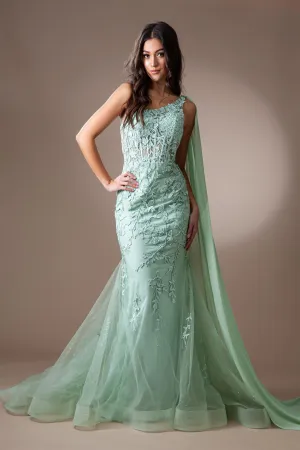 AC 7048 - One Shoulder Beaded Lace Embellished Fit & Flare Prom Gown with Sheer Boned Corset Bodice & Shoulder Sash