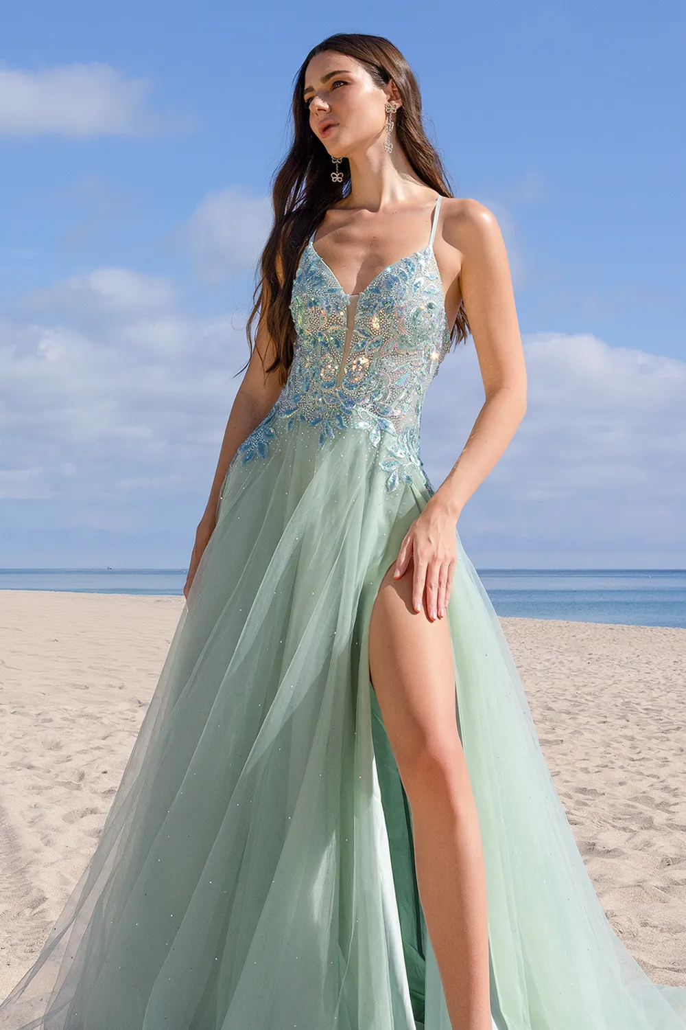 AC TM1028 - Shimmer Tulle A-Line Prom Gown with Beaded Lace Embellished Bodice & Leg Slit