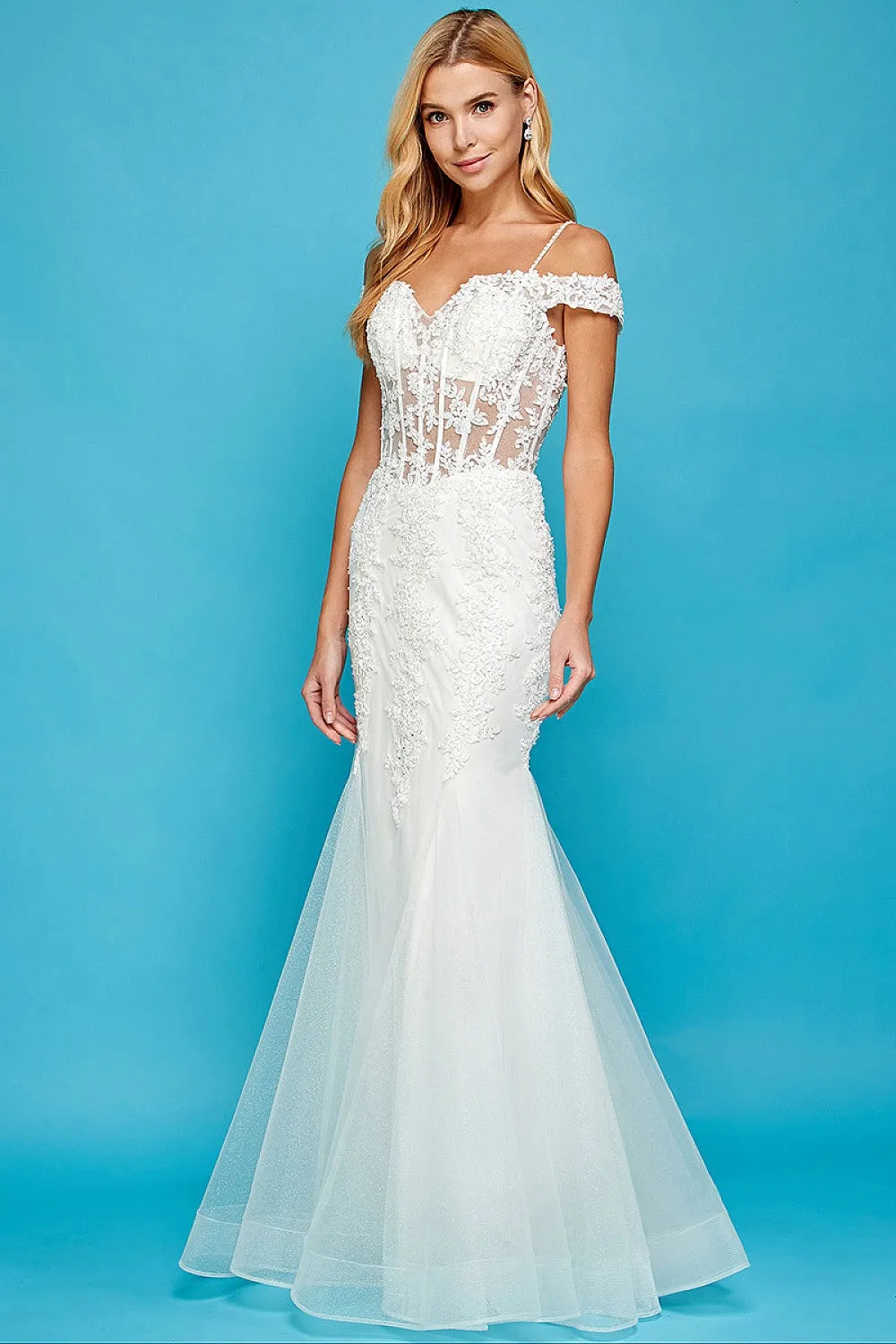 AD 3005 -Beaded Lace Embellished Off the Shoulder Fit & Flare Prom Gown With Sheer Boned Bodice