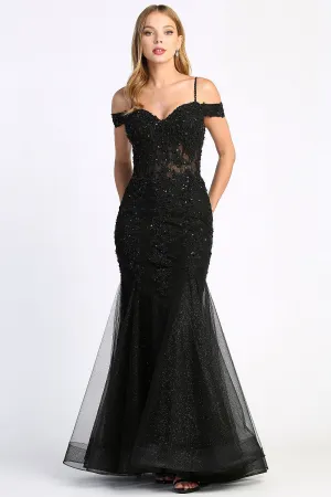 AD 3005 -Beaded Lace Embellished Off the Shoulder Fit & Flare Prom Gown With Sheer Boned Bodice