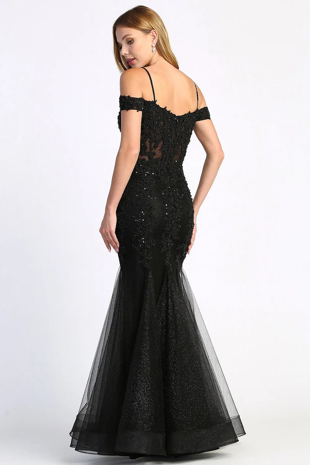 AD 3005 -Beaded Lace Embellished Off the Shoulder Fit & Flare Prom Gown With Sheer Boned Bodice