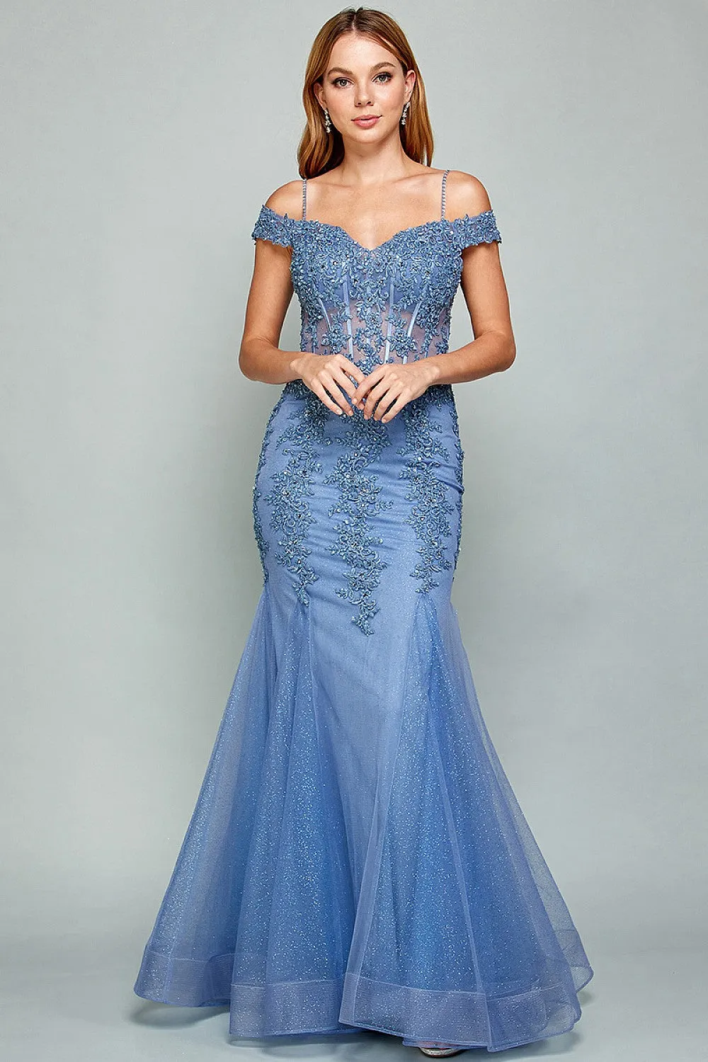 AD 3005 -Beaded Lace Embellished Off the Shoulder Fit & Flare Prom Gown With Sheer Boned Bodice