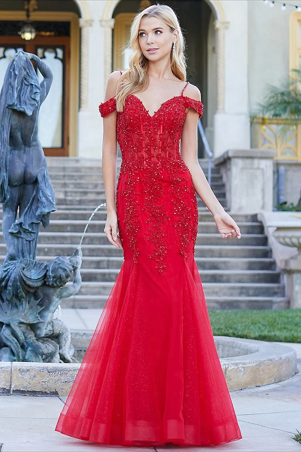 AD 3005 -Beaded Lace Embellished Off the Shoulder Fit & Flare Prom Gown With Sheer Boned Bodice