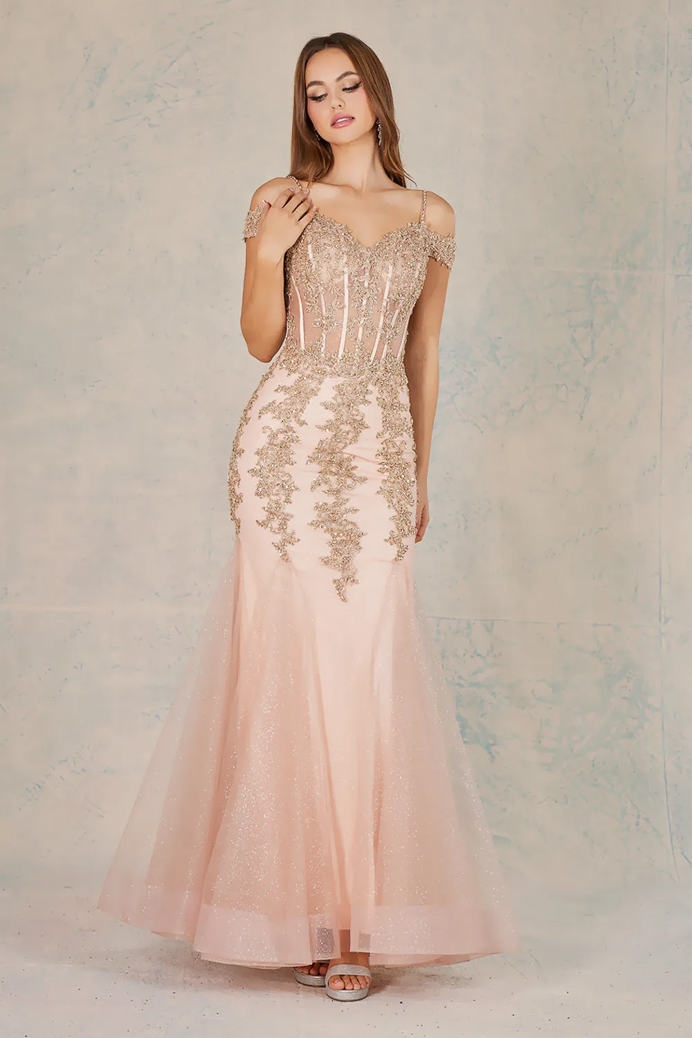 AD 3005 -Beaded Lace Embellished Off the Shoulder Fit & Flare Prom Gown With Sheer Boned Bodice