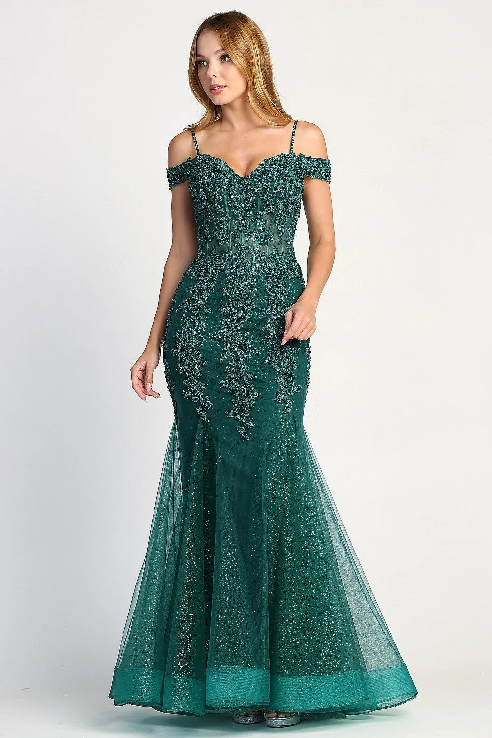 AD 3005 -Beaded Lace Embellished Off the Shoulder Fit & Flare Prom Gown With Sheer Boned Bodice