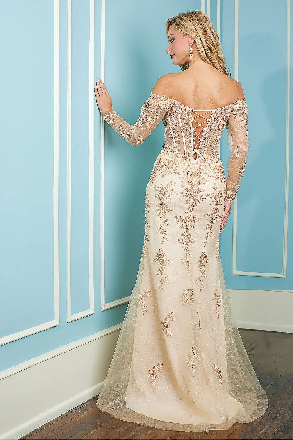 AD 3079 - Sequin Embellished Off the Shoulder Long Sleeve Prom Gown with Sheer Corset Bodice Open Lace Up Back & Leg Slit
