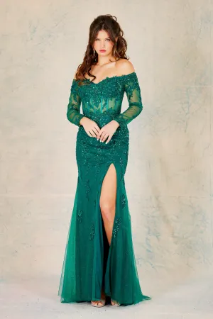 AD 3079 - Sequin Embellished Off the Shoulder Long Sleeve Prom Gown with Sheer Corset Bodice Open Lace Up Back & Leg Slit
