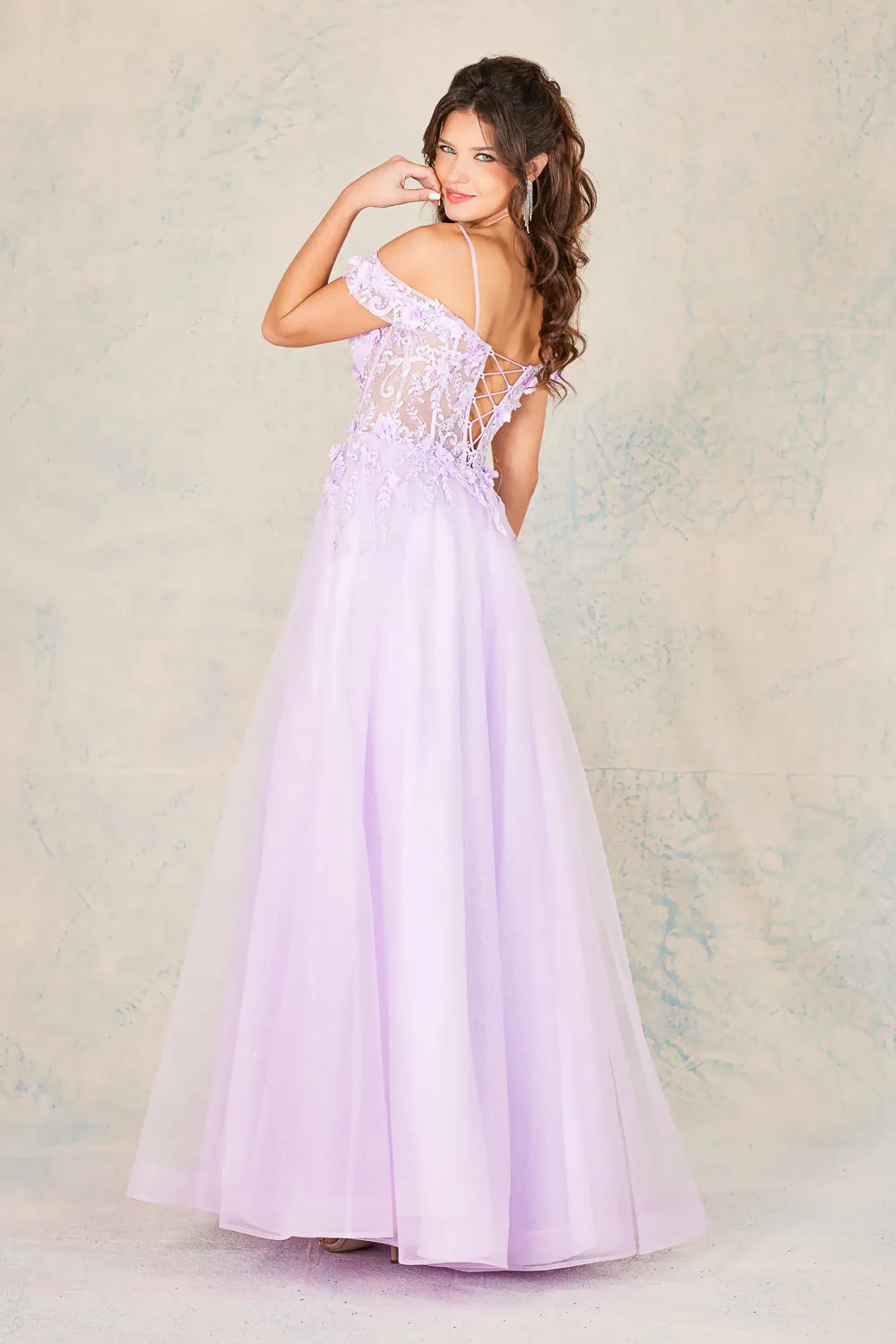 AD 3109 - Off The Shoulder A-Line Prom Gown With Lace Embellished Sheer Boned Bodice & Corset Back