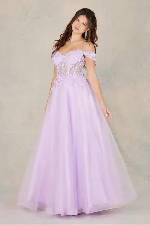 AD 3109 - Off The Shoulder A-Line Prom Gown With Lace Embellished Sheer Boned Bodice & Corset Back