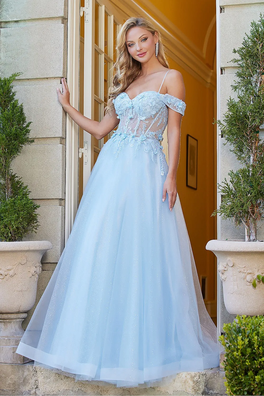 AD 3109 - Off The Shoulder A-Line Prom Gown With Lace Embellished Sheer Boned Bodice & Corset Back