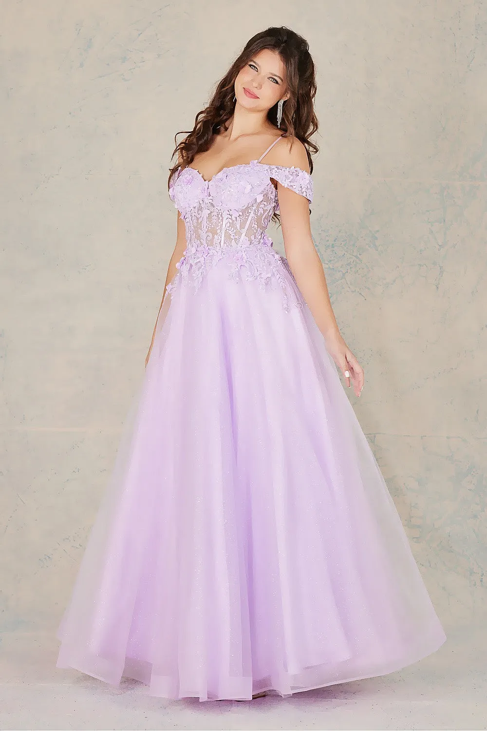 AD 3109 - Off The Shoulder A-Line Prom Gown With Lace Embellished Sheer Boned Bodice & Corset Back