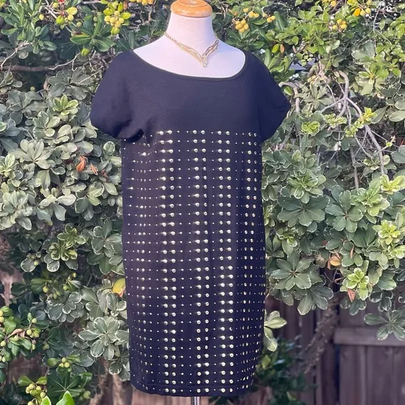 ADRIENNE VITTADINI black silk blend gold studded knit mini dress|large
