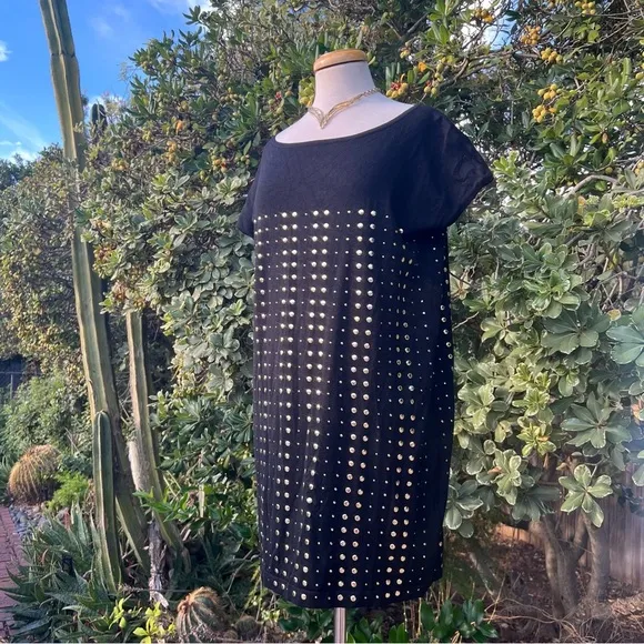 ADRIENNE VITTADINI black silk blend gold studded knit mini dress|large