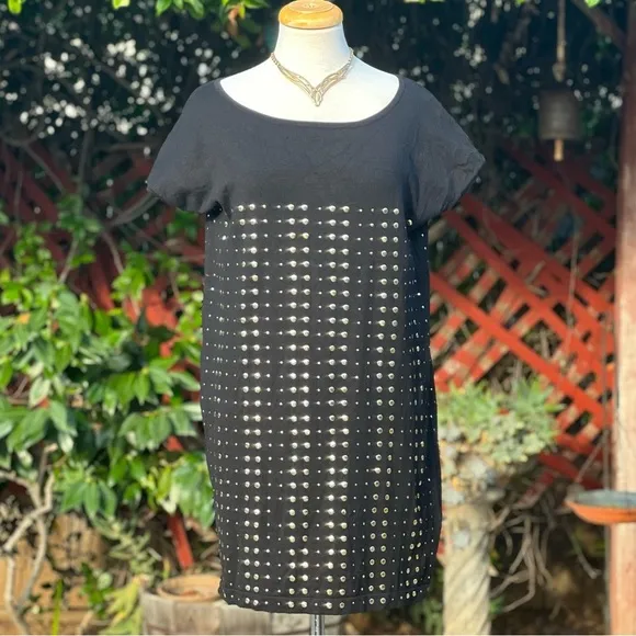 ADRIENNE VITTADINI black silk blend gold studded knit mini dress|large