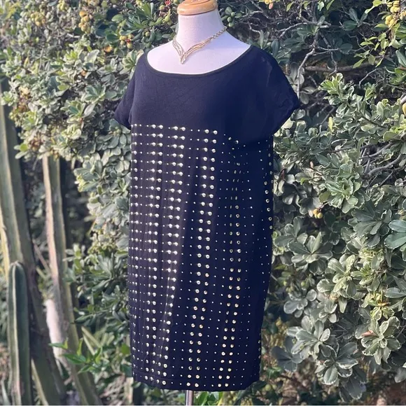 ADRIENNE VITTADINI black silk blend gold studded knit mini dress|large