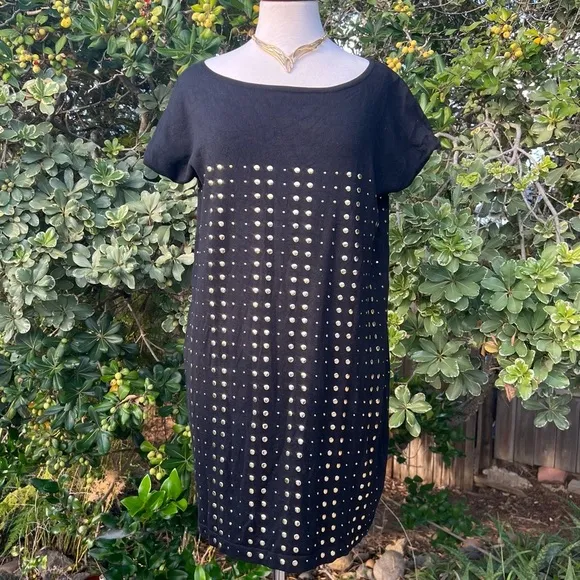ADRIENNE VITTADINI black silk blend gold studded knit mini dress|large
