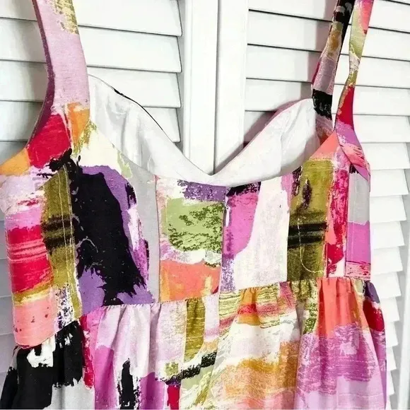 Ali Ro Donna Morgan Watercolor Silk Print Summer Dress Babydoll  | Pink | SZ 6