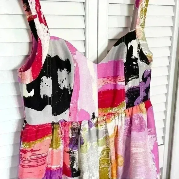 Ali Ro Donna Morgan Watercolor Silk Print Summer Dress Babydoll  | Pink | SZ 6