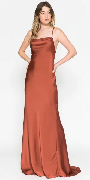 Amelia Couture 6111 Long Fitted Spaghetti Strap Cowl Neck Satin Gown