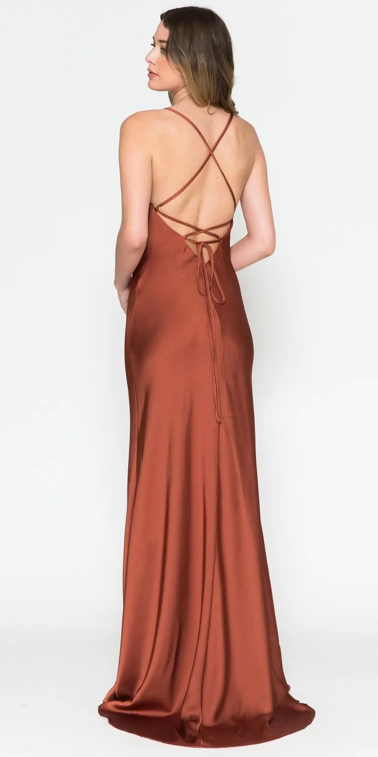 Amelia Couture 6111 Long Fitted Spaghetti Strap Cowl Neck Satin Gown