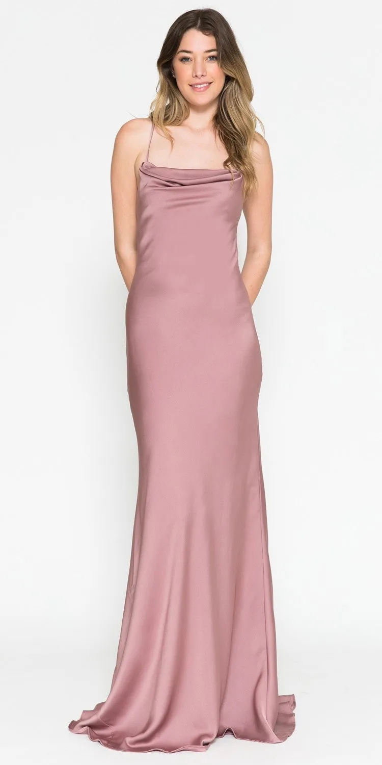 Amelia Couture 6111 Long Fitted Spaghetti Strap Cowl Neck Satin Gown