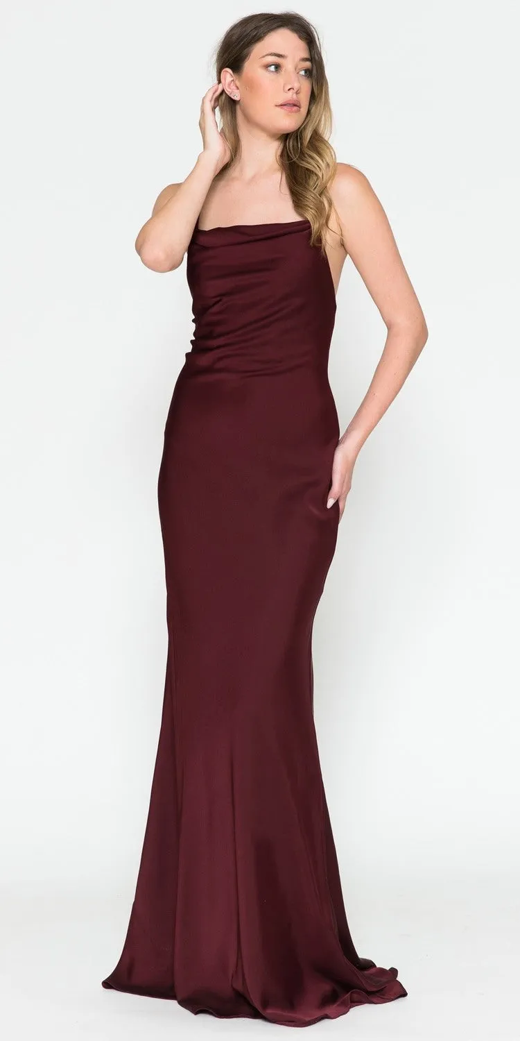 Amelia Couture 6111 Long Fitted Spaghetti Strap Cowl Neck Satin Gown