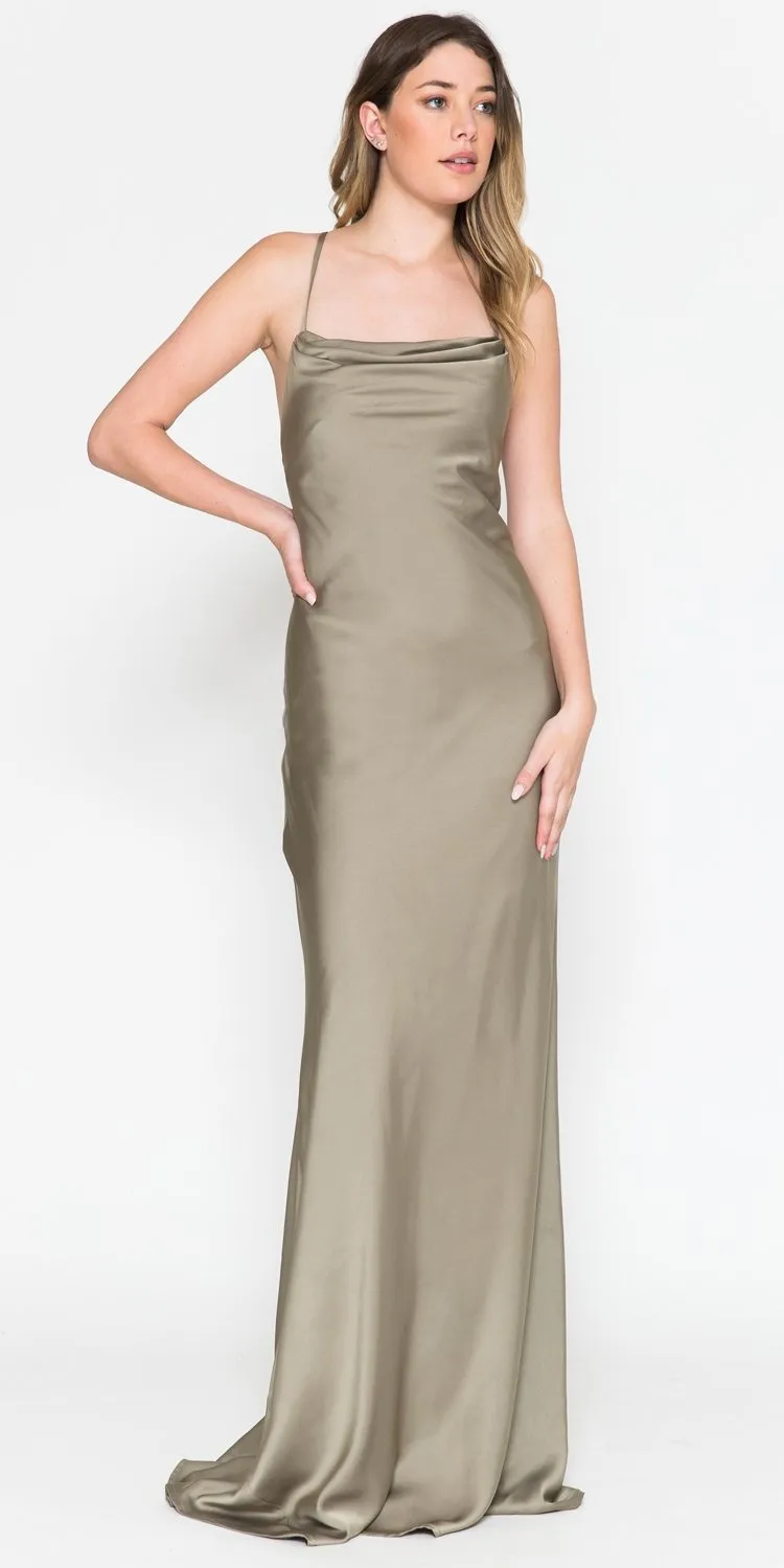 Amelia Couture 6111 Long Fitted Spaghetti Strap Cowl Neck Satin Gown