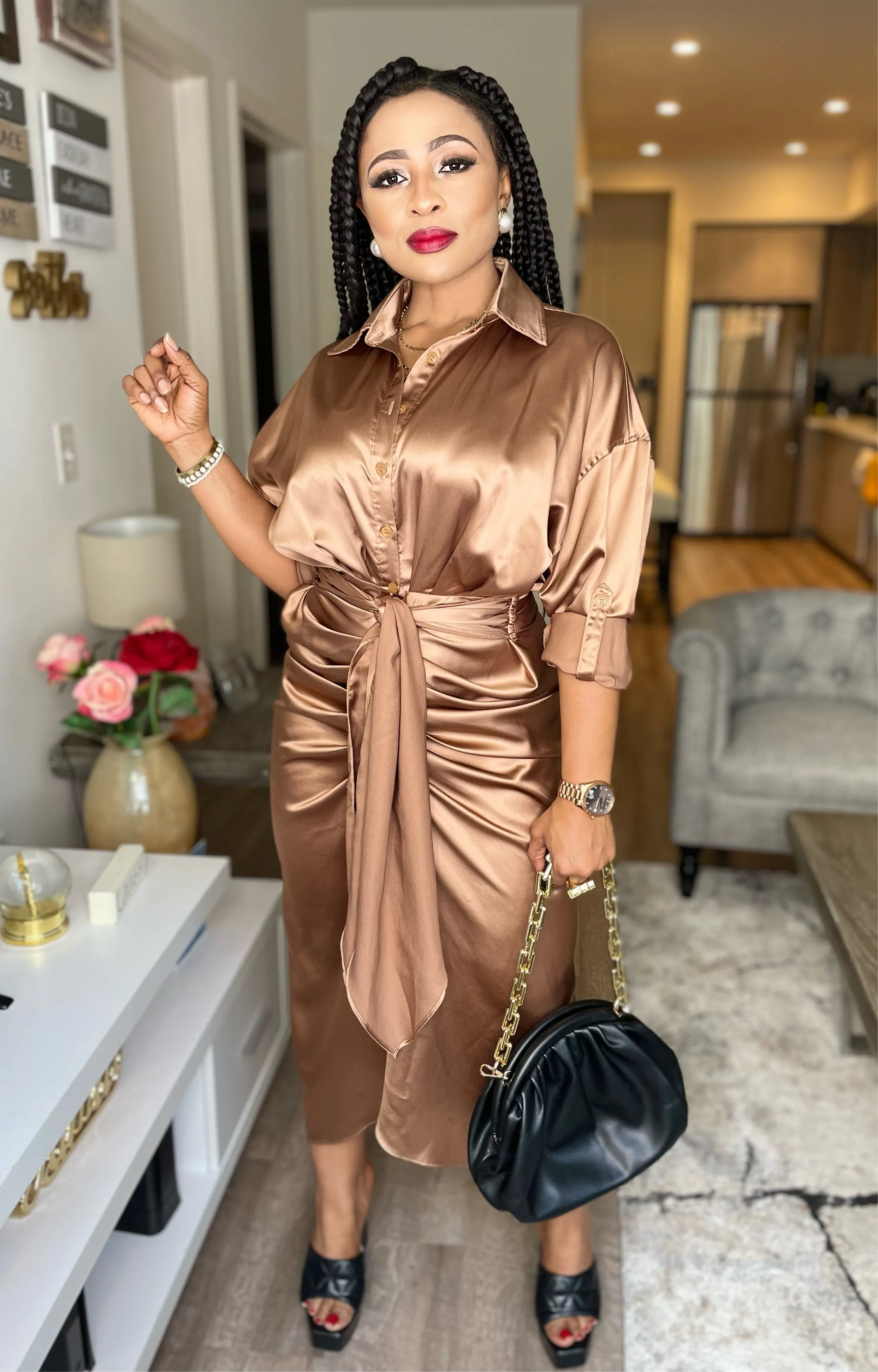 Amelia Long Sleeve Satin Dress