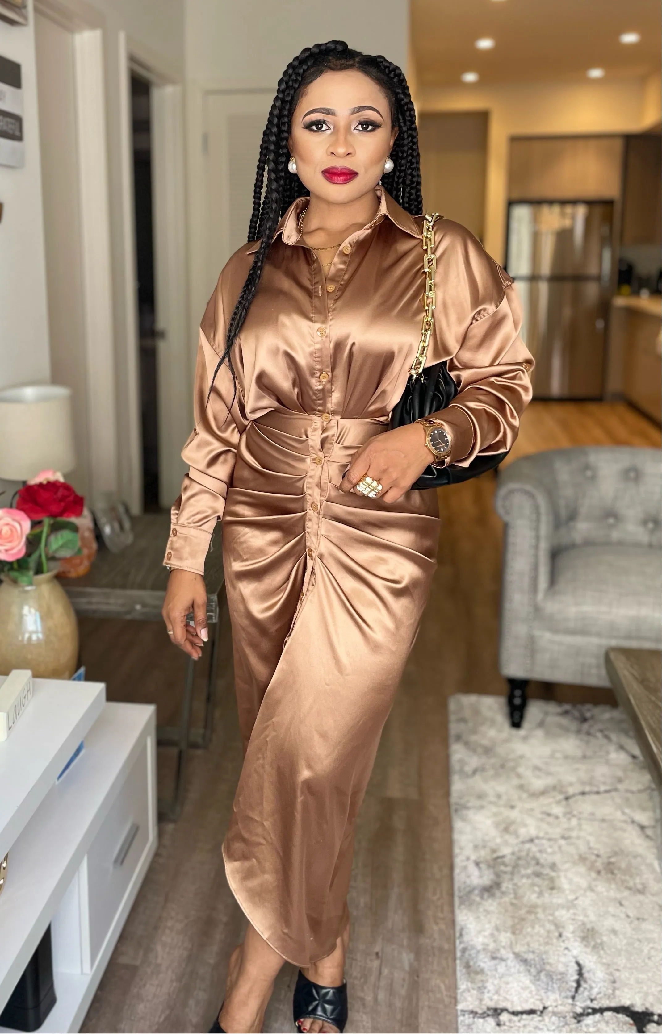 Amelia Long Sleeve Satin Dress