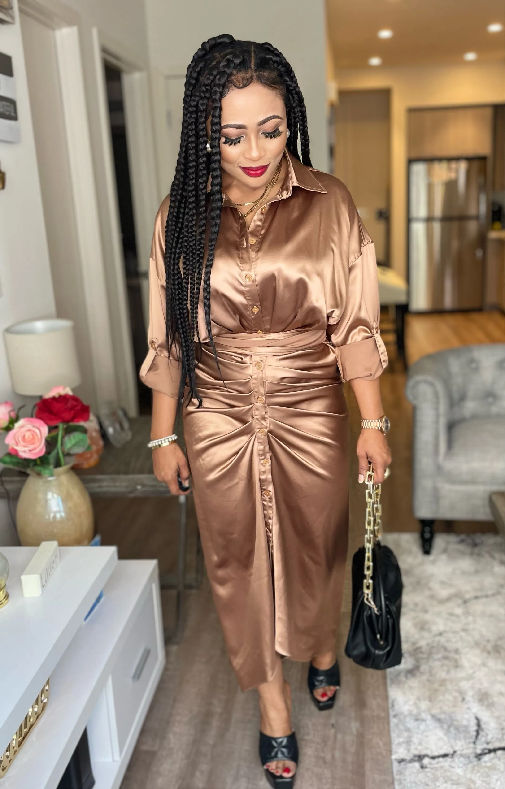 Amelia Long Sleeve Satin Dress