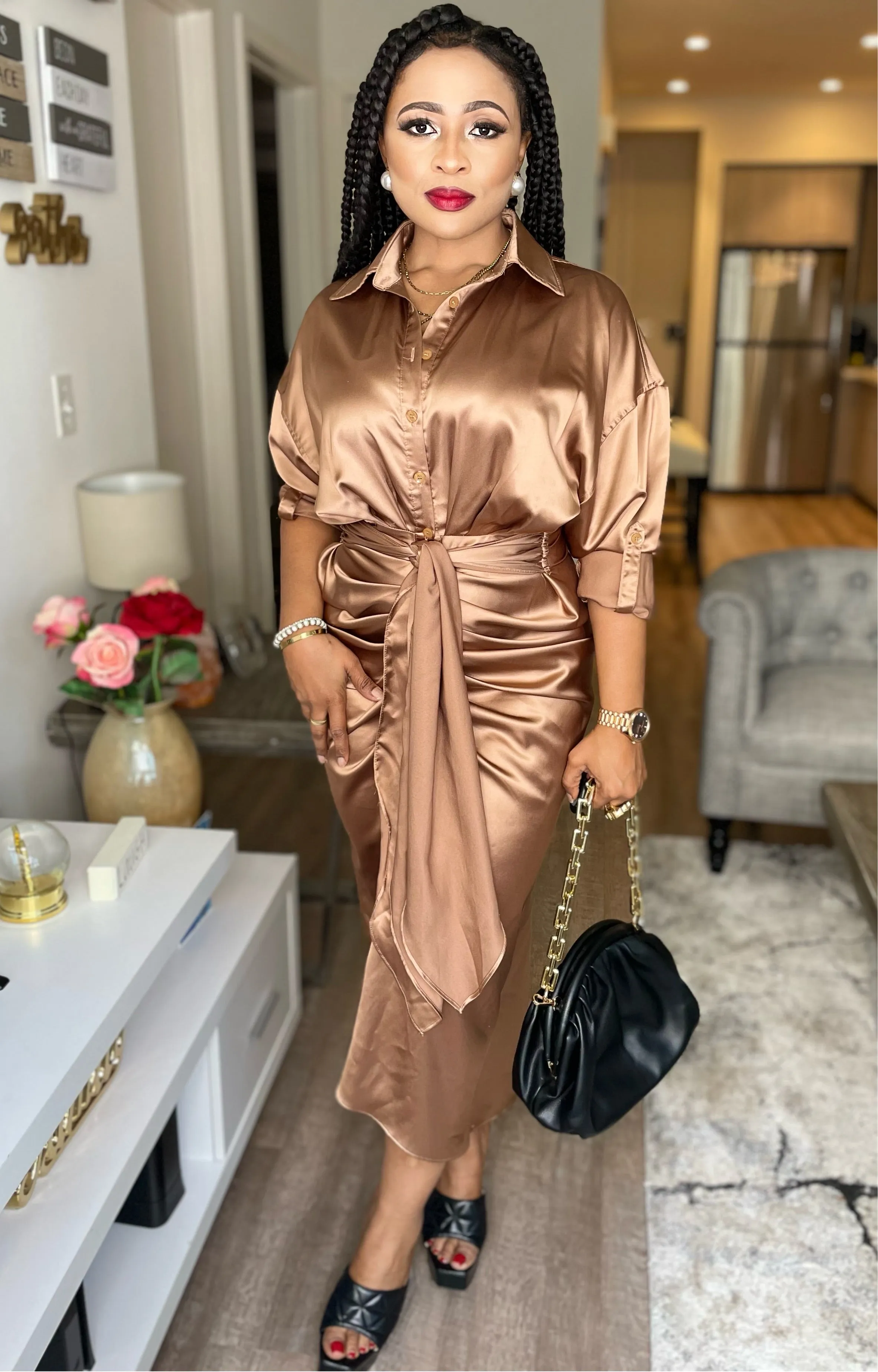 Amelia Long Sleeve Satin Dress