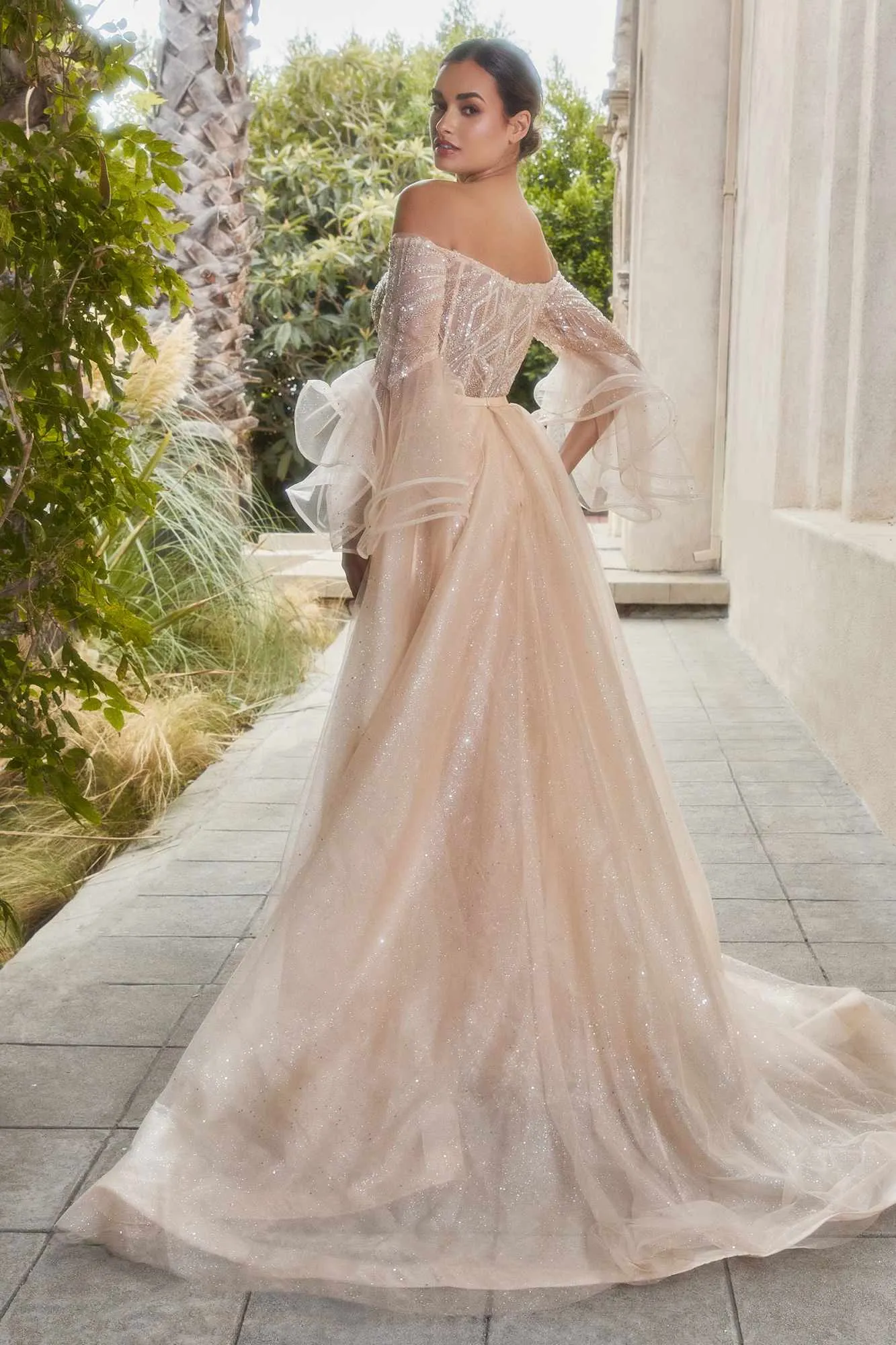 Andrea & Leo A1175 Glass Bead Flared Sleeve Gown with Detachable Skirt