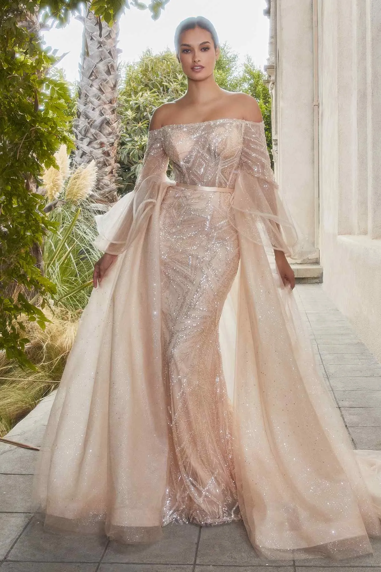 Andrea & Leo A1175 Glass Bead Flared Sleeve Gown with Detachable Skirt