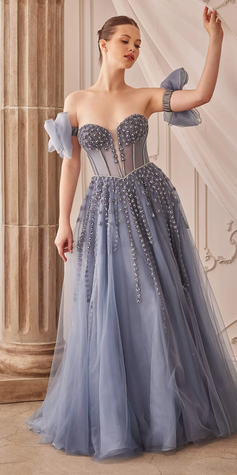 Andrea & Leo A1338 Long Strapless Beaded Gown with Bow Arm Bands