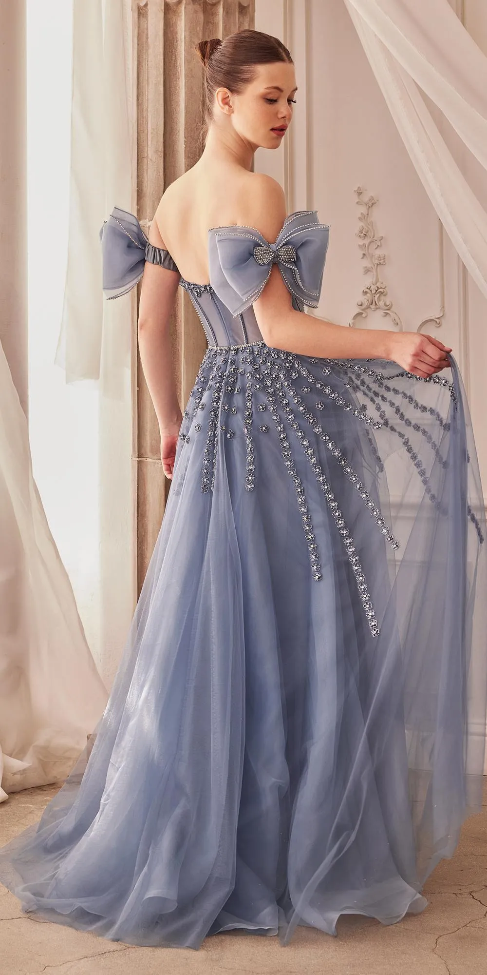 Andrea & Leo A1338 Long Strapless Beaded Gown with Bow Arm Bands
