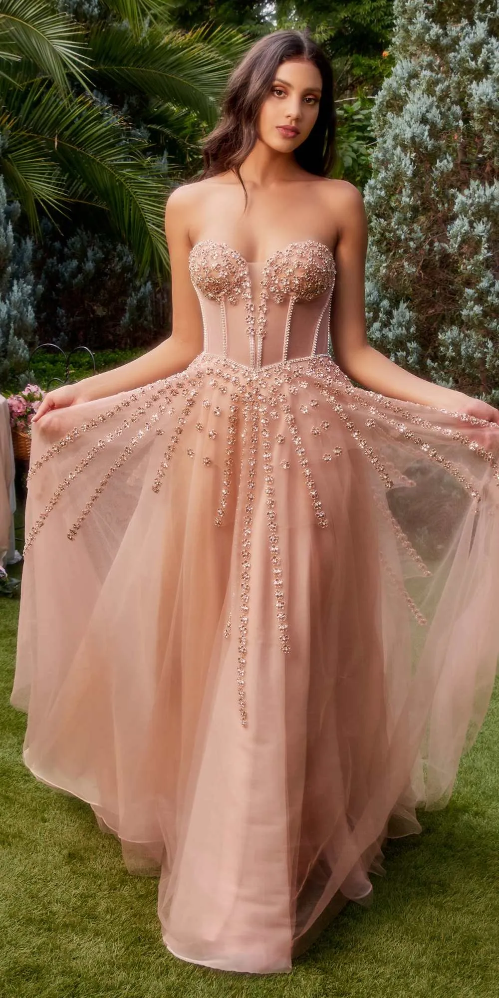 Andrea & Leo A1338 Long Strapless Beaded Gown with Bow Arm Bands