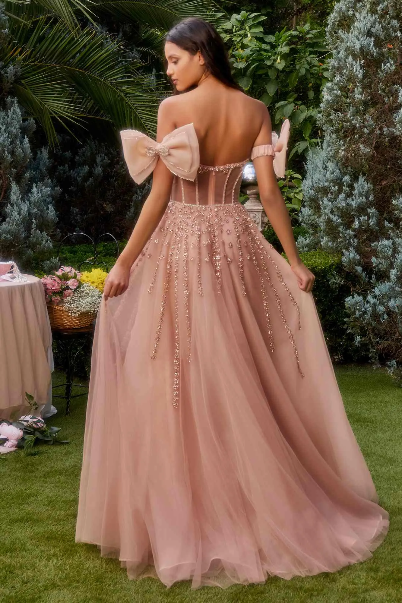 Andrea & Leo A1338 Long Strapless Beaded Gown with Bow Arm Bands