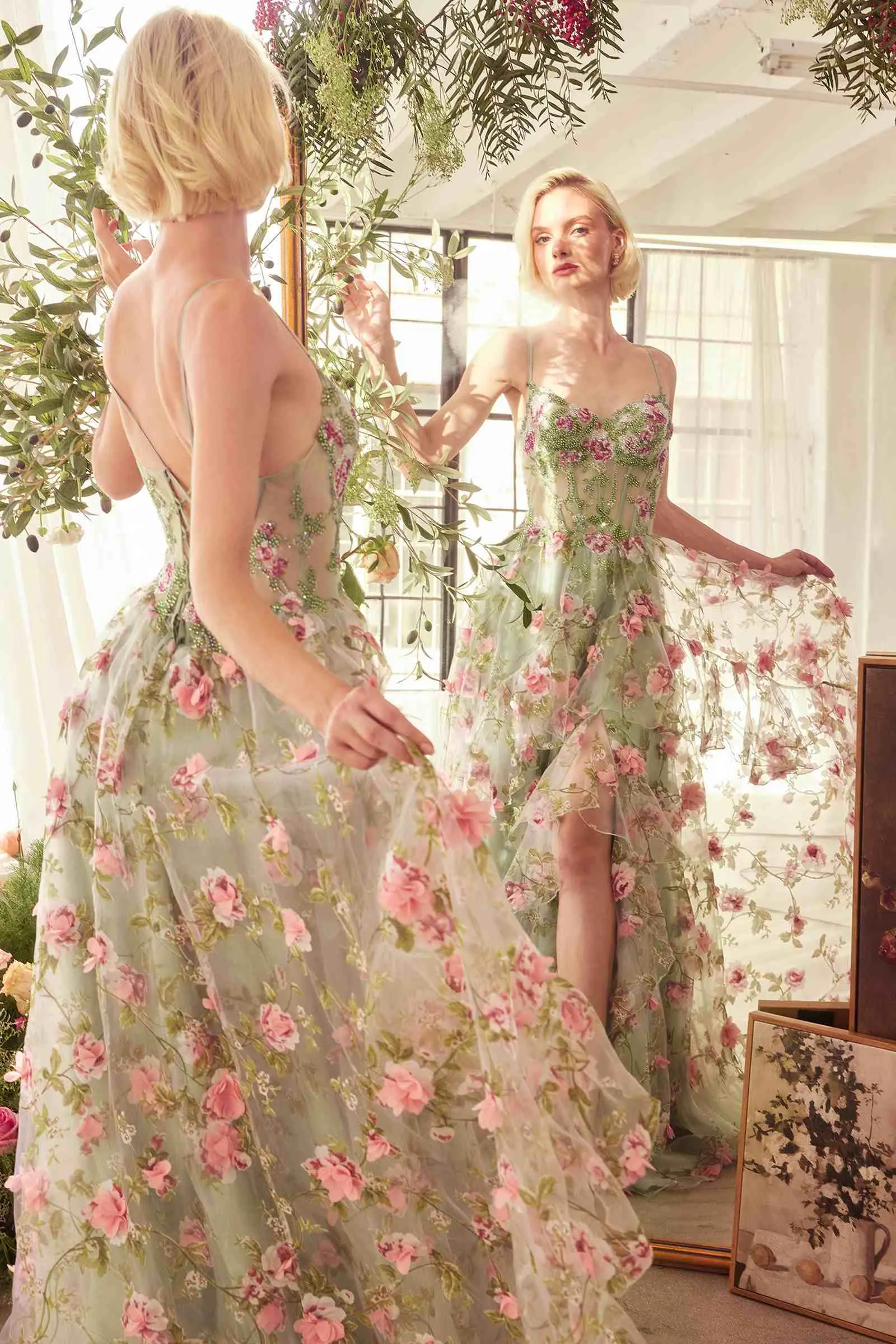 Andrea & Leo A1420 Dress Sage Floral Print Layered A-Line Gown