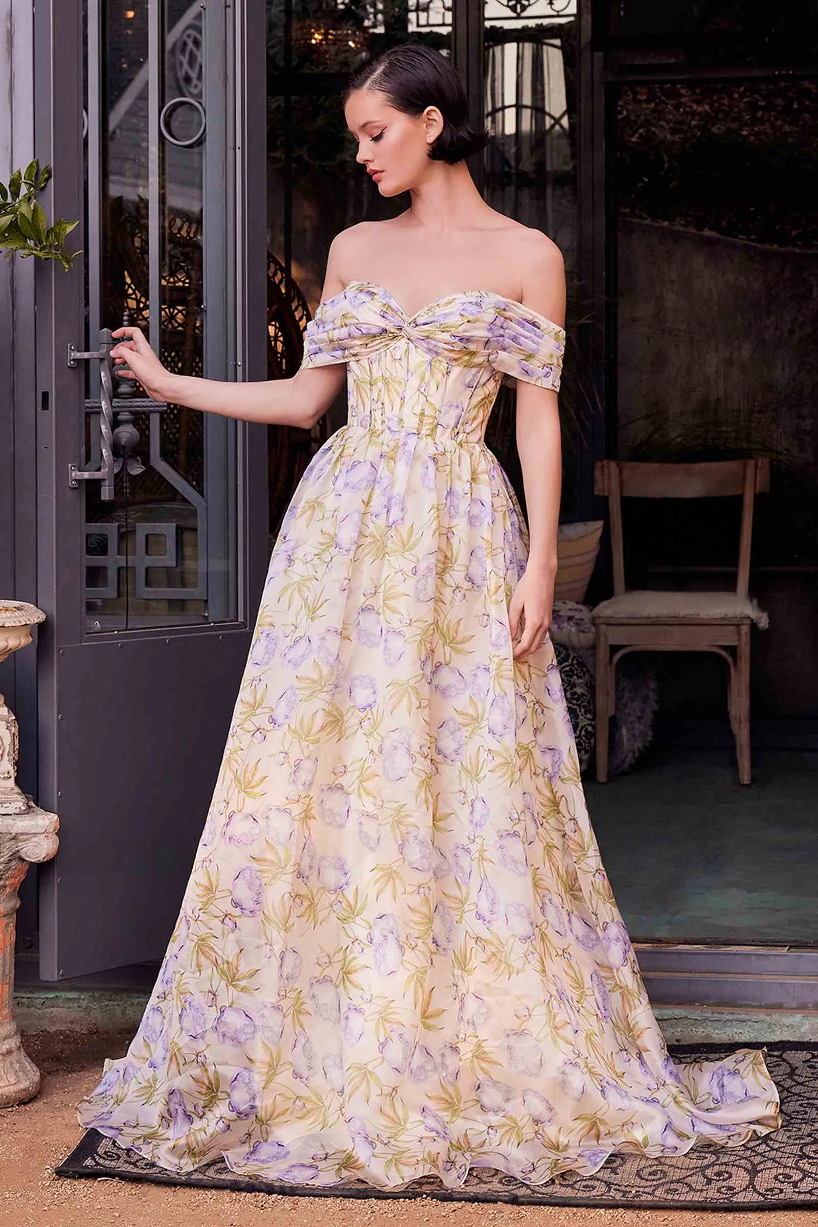 Andrea & Leo A1466 Dress Floral Printed Off The Shoulder A-Line Gown