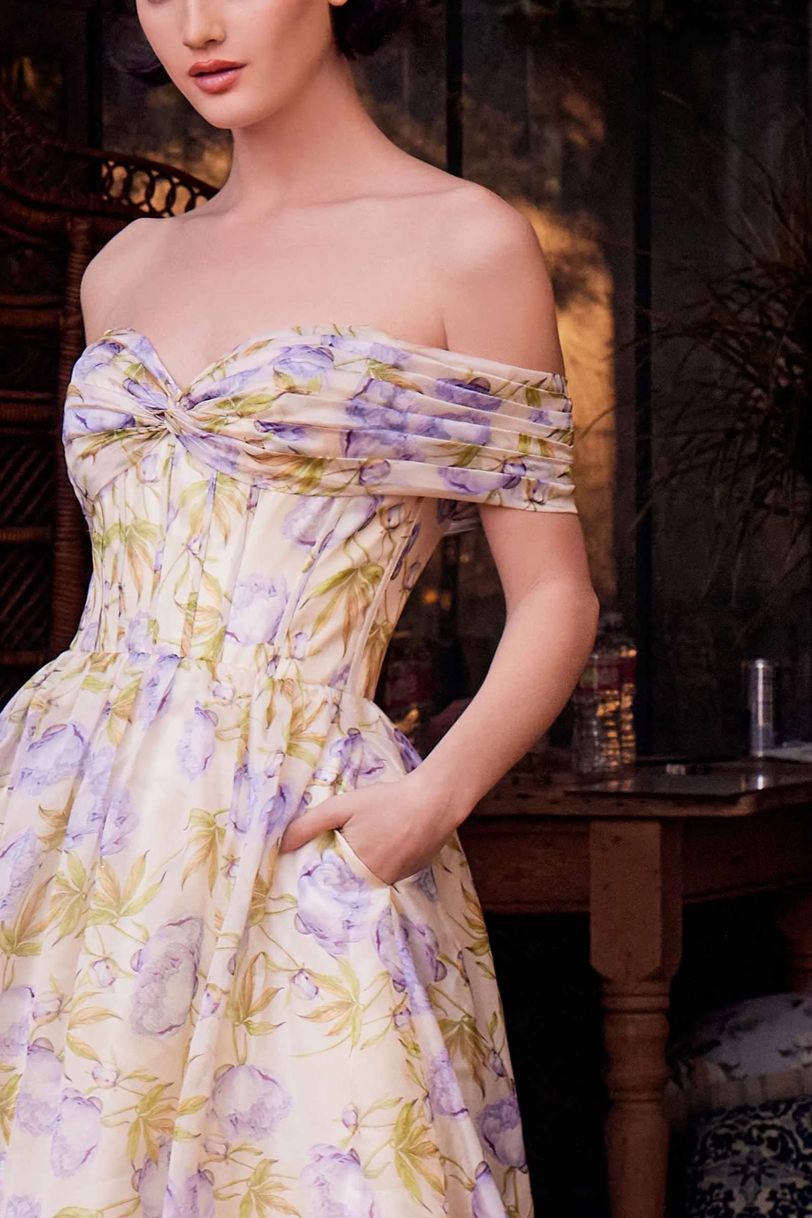 Andrea & Leo A1466 Dress Floral Printed Off The Shoulder A-Line Gown